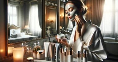 DALL·E 2024 06 03 12.13.04 A celebrity using skincare products in front of a mirror